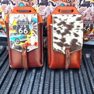 Brown Leather Phone Holsters with Route 66 and Cow Print